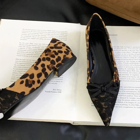 Leopard Print Pointed Toe Lace Bow Mules Shoes Fashion Sexy Elegant Office Women Shoes Autumn Suede Shallow Flat Shoes for Women