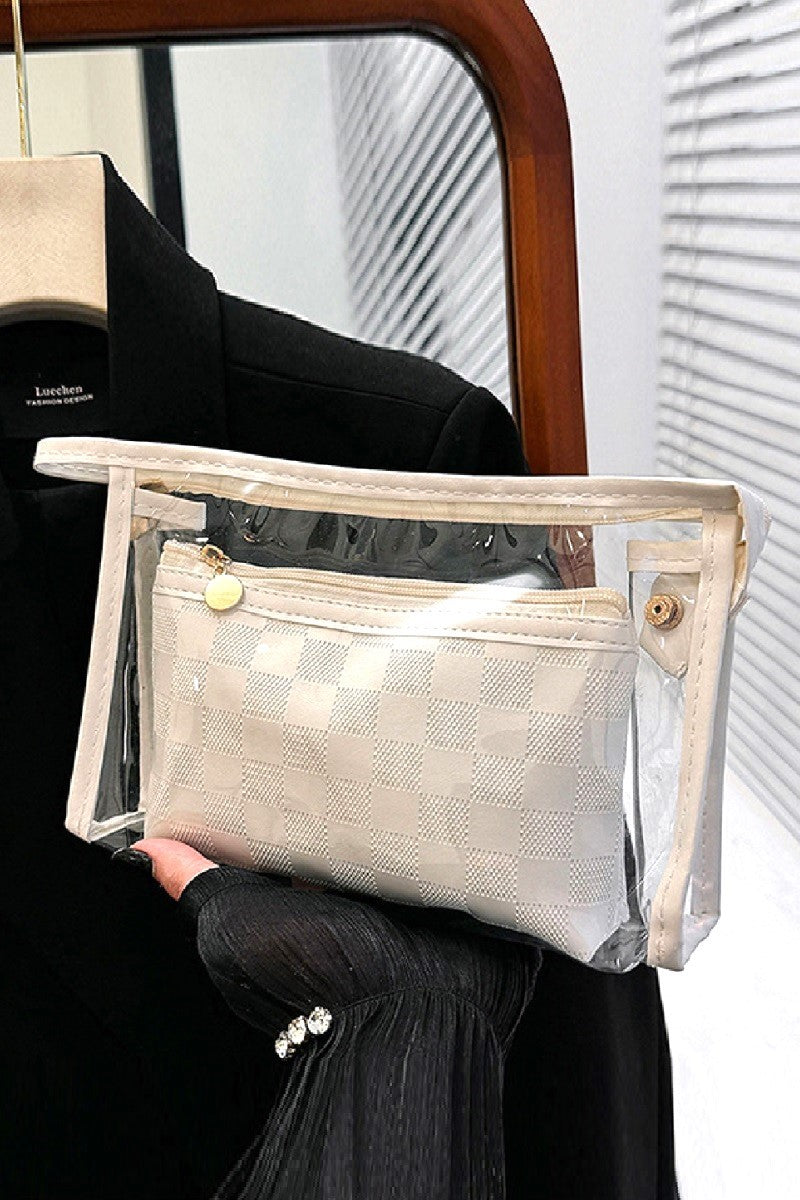 Clear large make up bag with color outline and smaller matching colored second bag