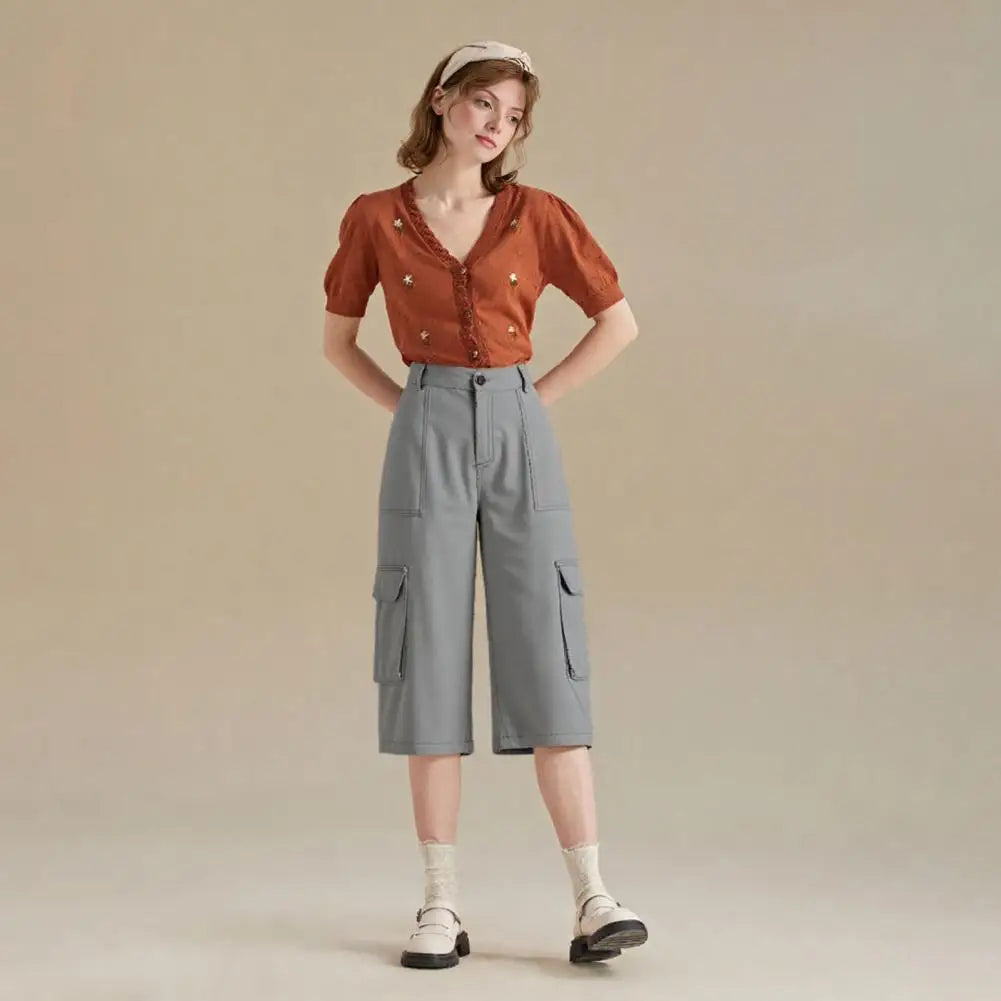 Women Cropped Pants Mid-Waist Design Straight Wide Leg Casual Trousers With Pockets Casual Loose Fit Summer Breathable Pants