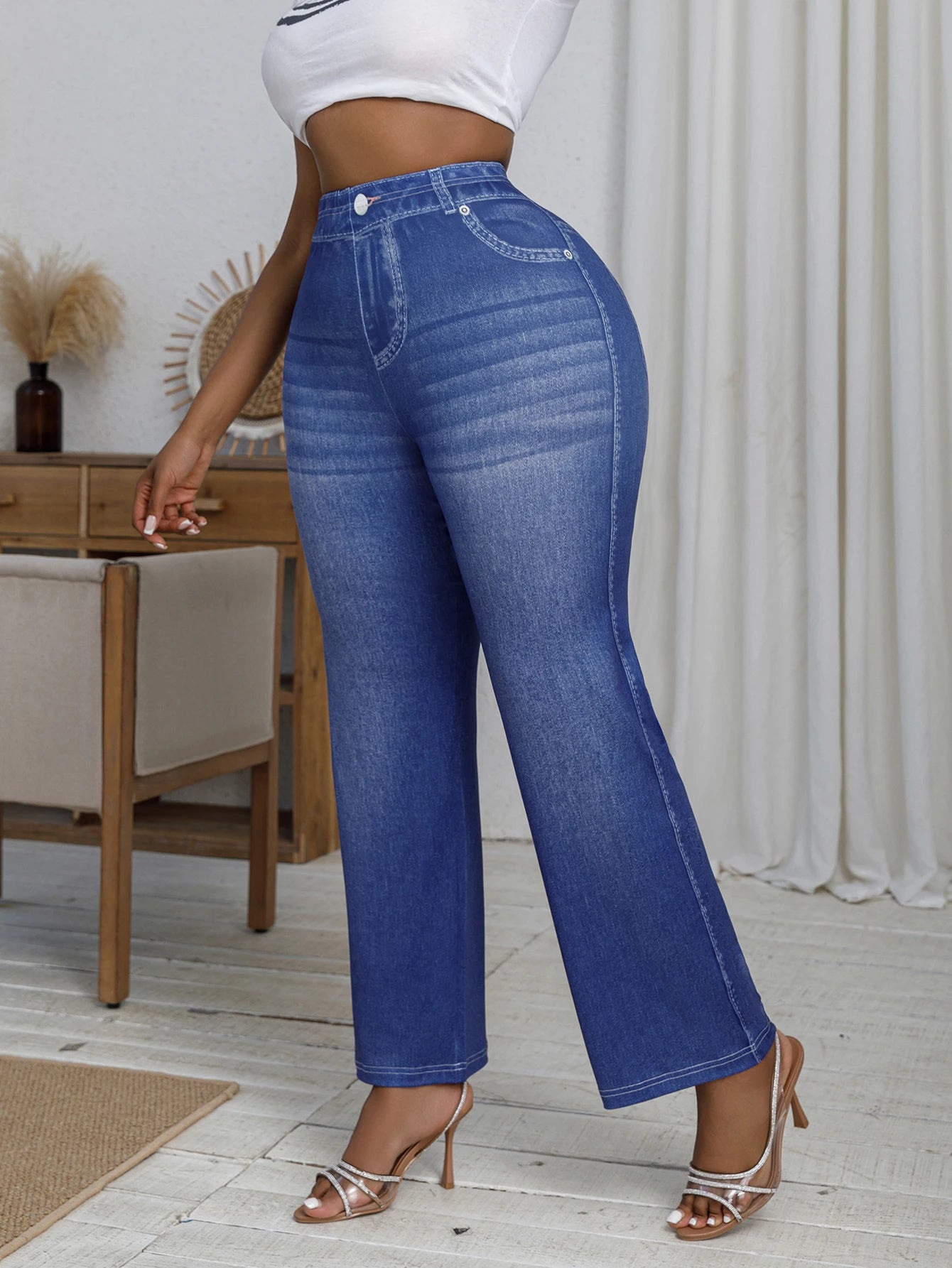 Plus Size Women's Pants Loose Imitation Jeans Printed Wide Leg Trousers High Elastic Casual Bottoms Vintage Female Clothing