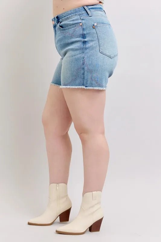 Judy Blue Full Size High Waist Western Embroidery Cut Off Denim Shorts in Light Wash - Nikki &amp; Co. Boutique