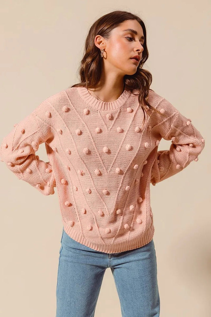 SO ME Pom-Pom Textured-Knit Sweater Top | Blush - Nikki &amp; Co. Boutique