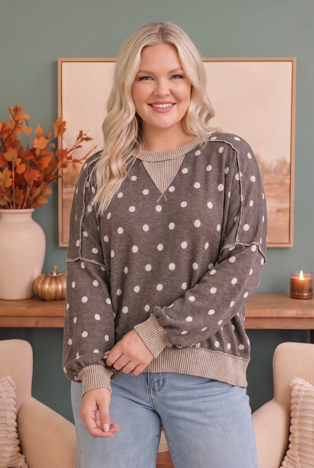Polka Dot Oversized Balloon Sleeve Pullover Top