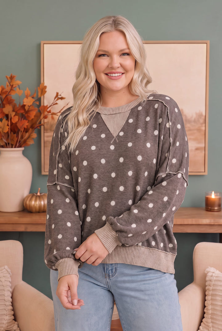 Polka Dot Oversized Balloon Sleeve Pullover Top