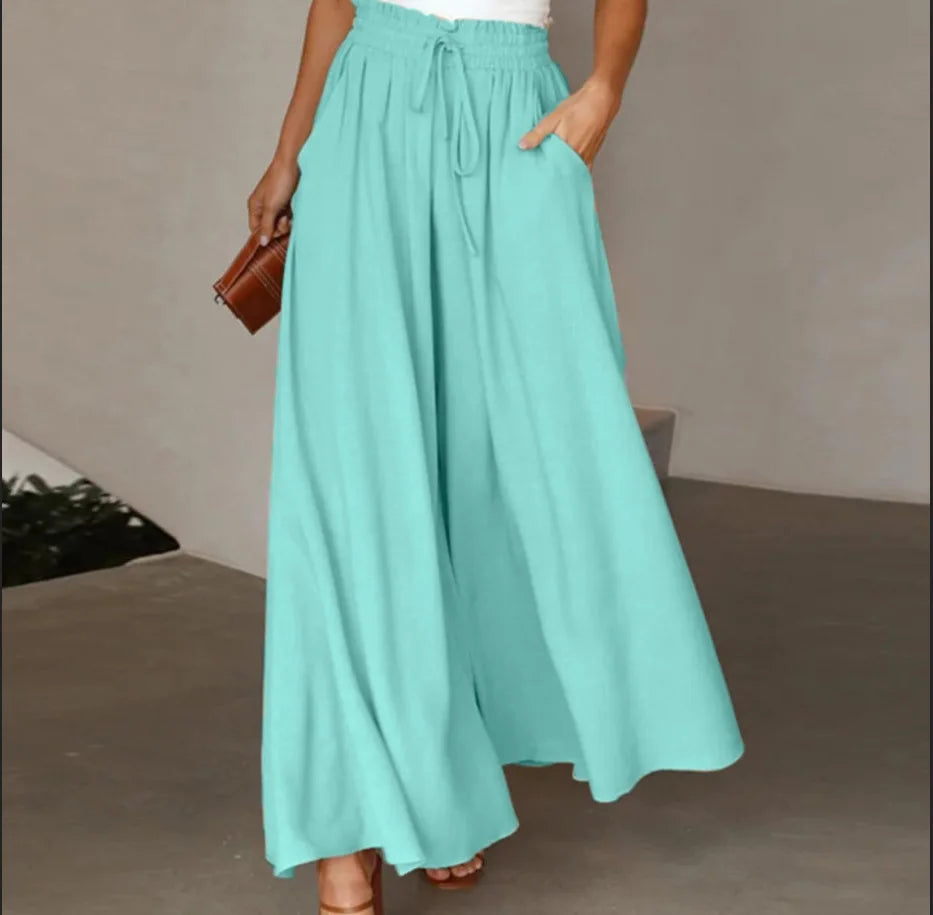 Summer Women's Wide Leg Pants With Elastic Waistband, Wide Leg High Waist Long Skirt Pants Casual Wide Leg Loose Pants