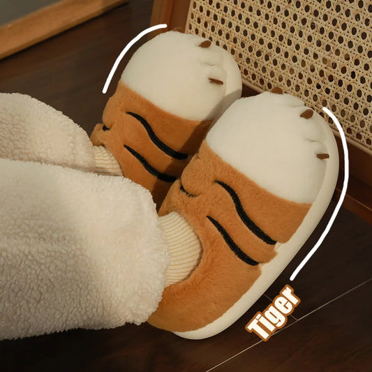 Cartoon Tiger Paw Slipper Winter Indoor Warm Fur Shoes Slides Cute Animals Plush Platform Design Claw Ladies Home Slippers