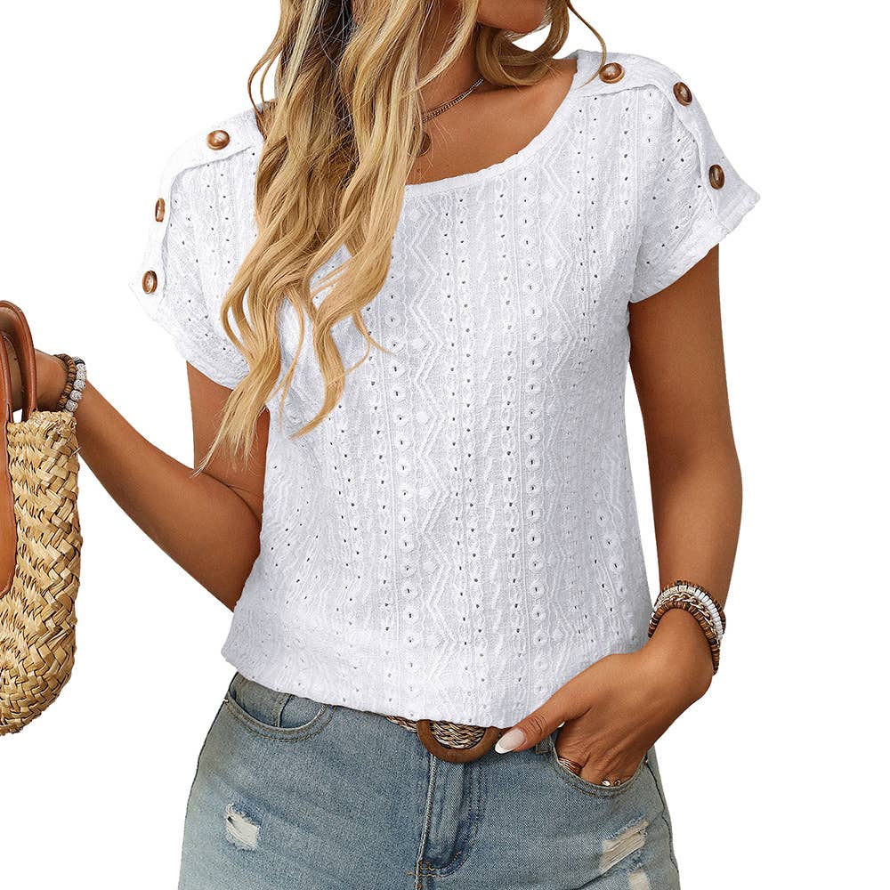 Cutout Round Neck Short Sleeve Top — White (NP) - Nikki &amp; Co. Boutique