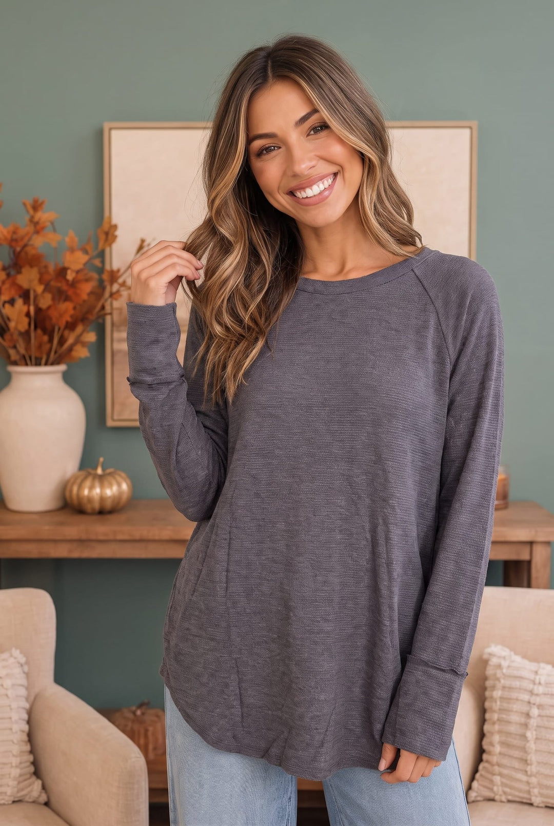 Cozy Days Ahead Raglan Top in Slate - Nikki &amp; Co. Boutique