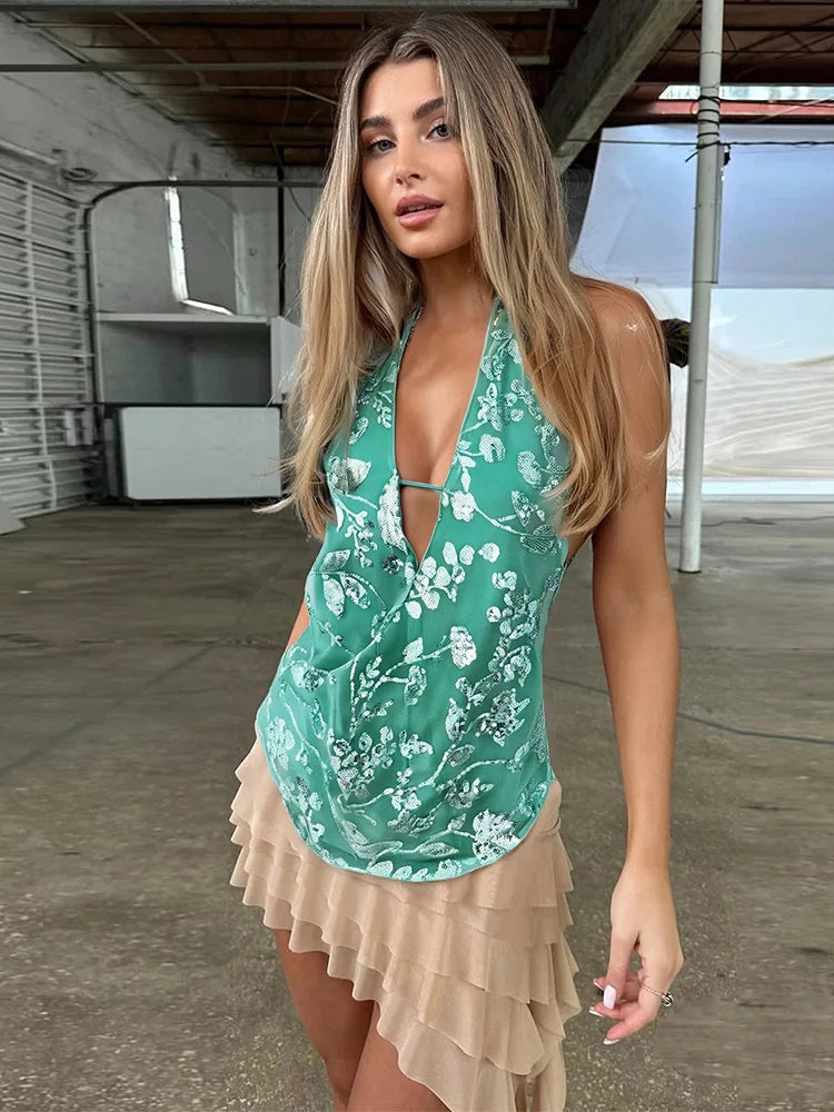 Trendix Sexy Deep V Neck Beach Tank Top Hot Girls Summer Sequins Patchwork Sleeveless Vest Women Vacation Sexy Backless Top