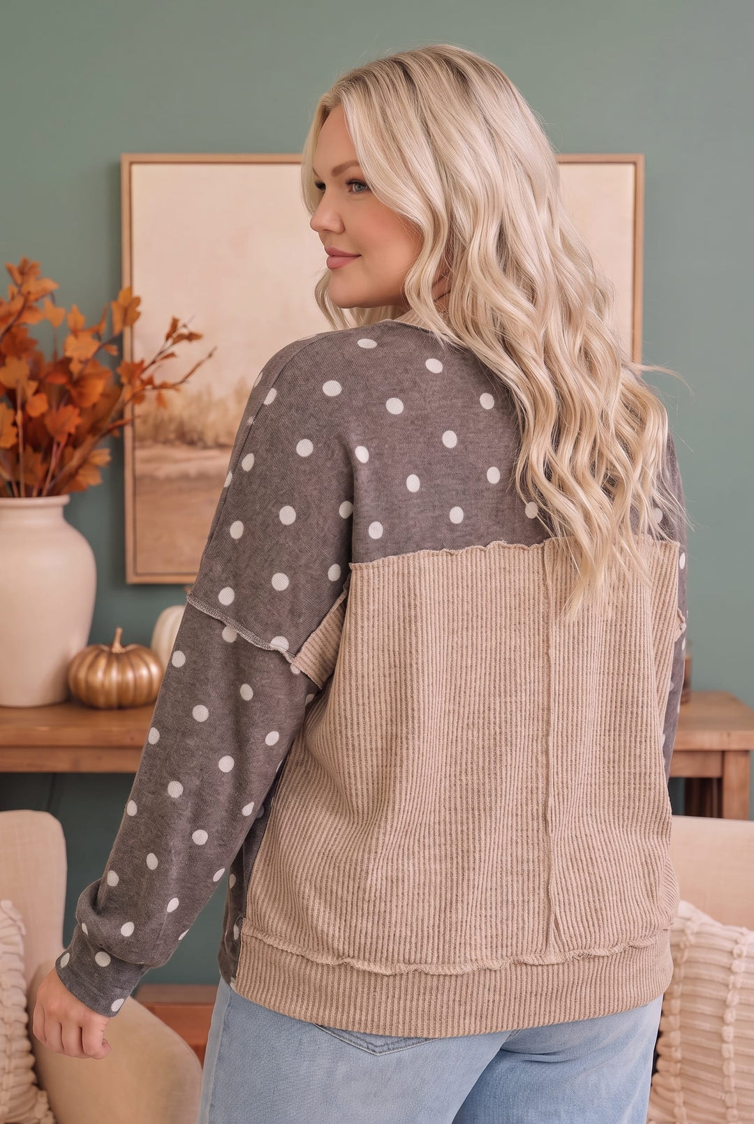 Polka Dot Oversized Balloon Sleeve Pullover Top