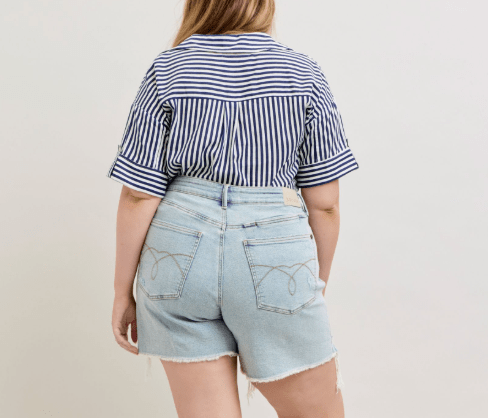 Judy Blue (NP) - Frayed Hem, Mid Rise Light Blue Shorts - Plus | Nikki &amp; Co. Boutique