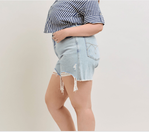 Judy Blue (NP) - Frayed Hem, Mid Rise Light Blue Shorts - Plus | Nikki &amp; Co. Boutique