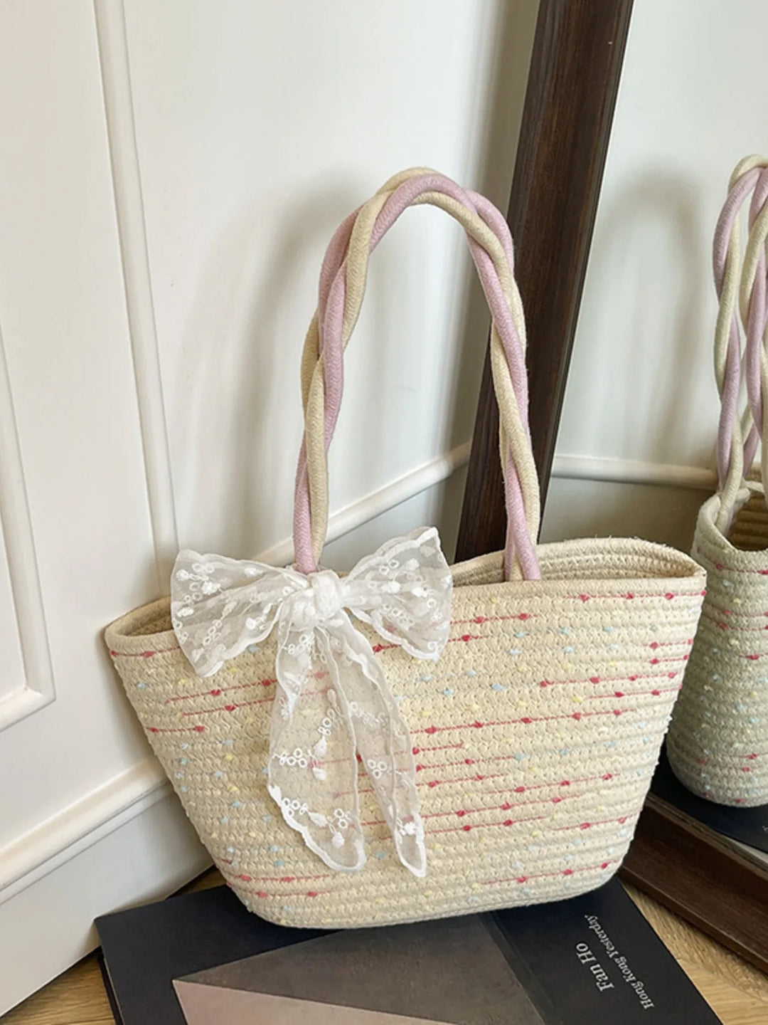 Woven Straw Shoulder Bag with Lace Bow Detail - Nikki &amp; Co. Boutique