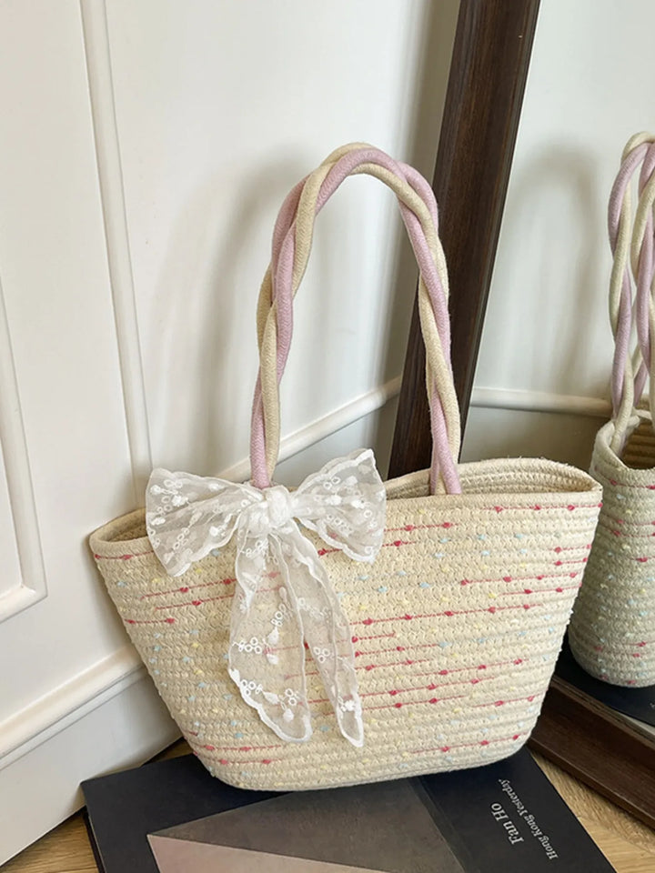 Woven Straw Shoulder Bag with Lace Bow Detail - Nikki &amp; Co. Boutique