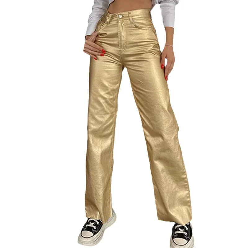 Women's Shiny Metallic Holographic Straight Wide-Leg Long Pants Spring Gold Silver Trousers Clubwear with Pockets