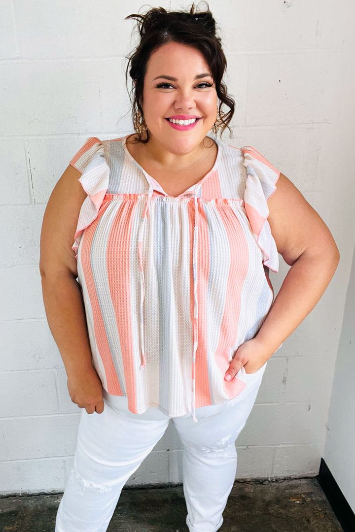Coral &amp; Light Blue Stripe Waffle Tie Neck Tops | Nikki &amp; Co. Boutique