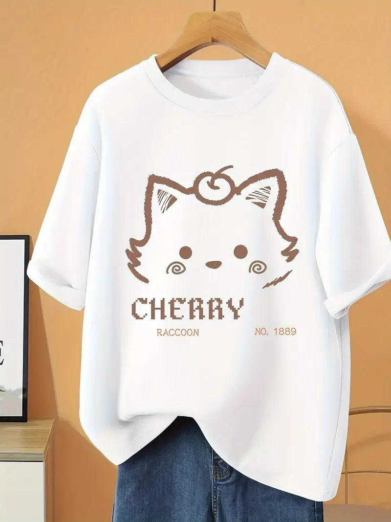 Plus - Size Women's Short - Sleeve T - shirt, Cartoon Cat & “CHERRRY” Print, Cute & Trendy