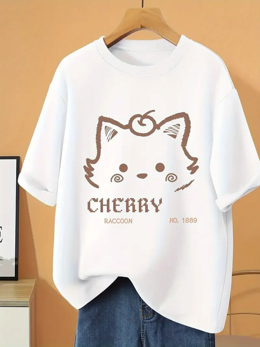 Plus - Size Women's Short - Sleeve T - shirt, Cartoon Cat & “CHERRRY” Print, Cute & Trendy