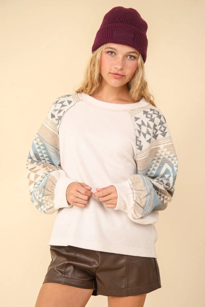 VERY J Printed Long Sleeve Round Neck Knit Top - Nikki &amp; Co. Boutique