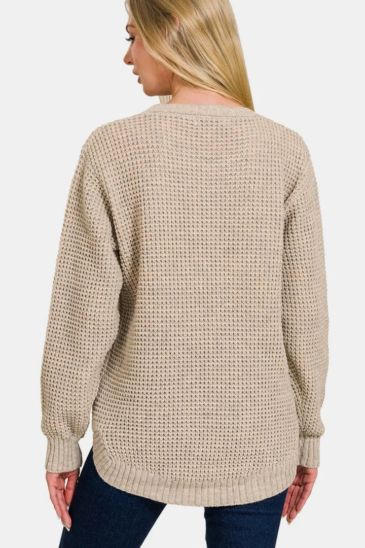 Zenana High Low Long Sleeve Waffle Sweater - Nikki &amp; Co. Boutique