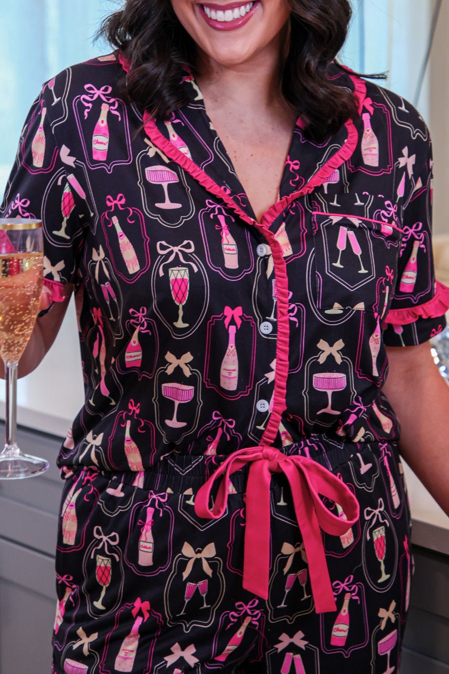 Jess Lea - Bows &amp; Bubbly After Dark Ruffle Pajama Set (Pre-order) - Nikki &amp; Co. Boutique