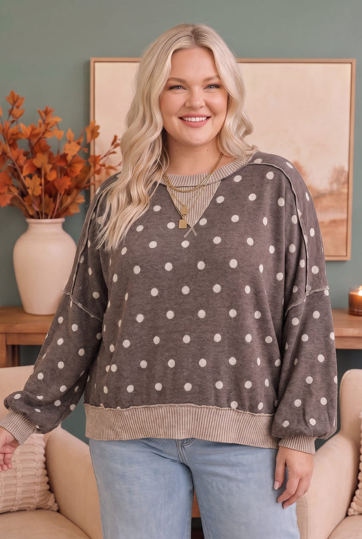 Polka Dot Oversized Balloon Sleeve Pullover Top