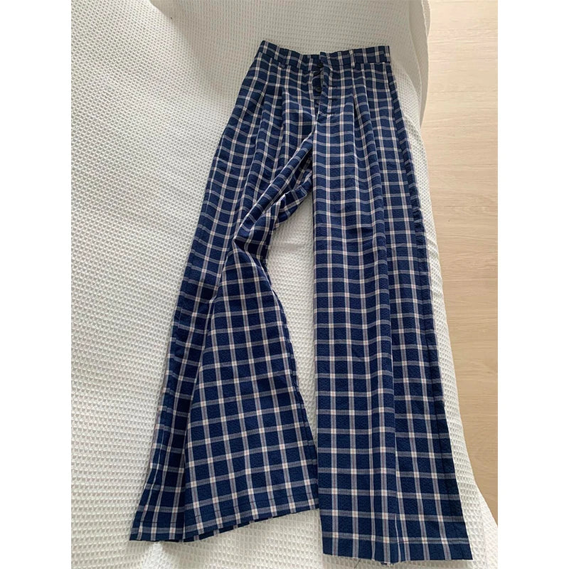 Retro Plaid Casual Pants For Women Chic High Waisted Loose Straight Leg Trousers New Versatile Breasted Floor Length Pants