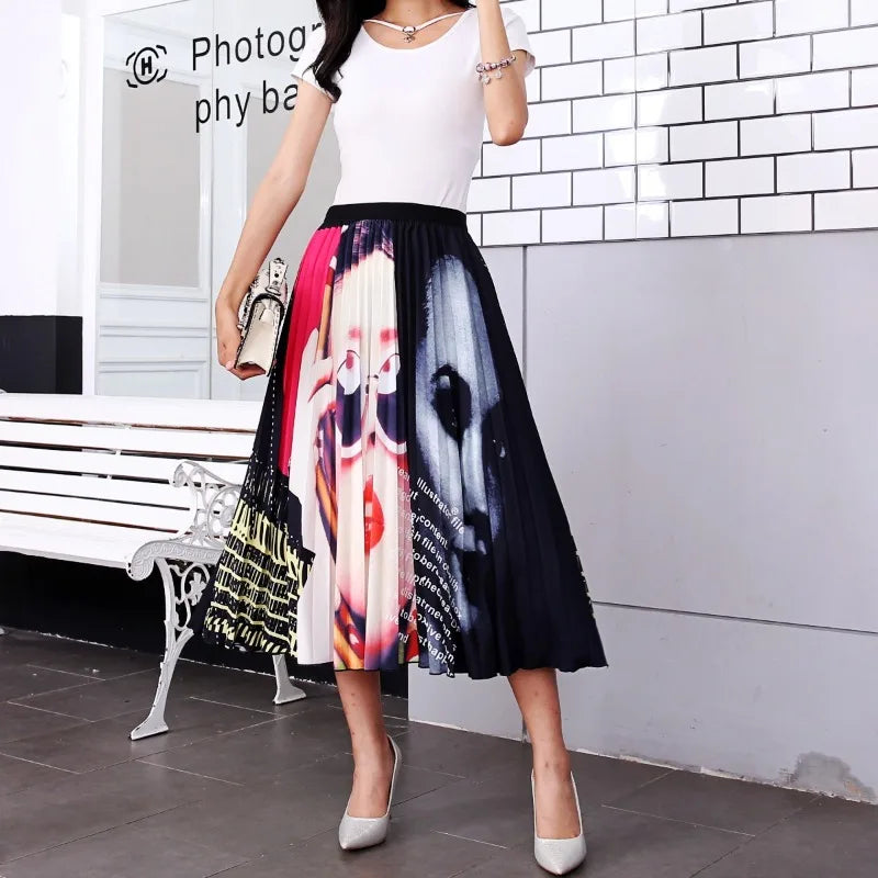 Cartoon Print Pleated Women Long Skirts High Waist A-Line Elastic Blue Pink Skirt For Ladies Summer Casual Female Bottoms Skirts
