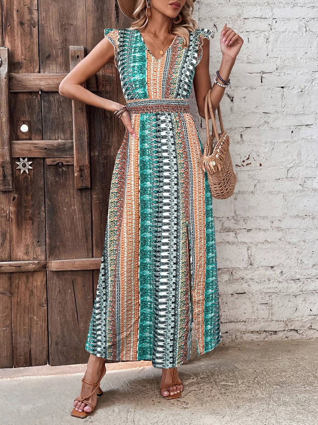 Boho Print Ruffle Sleeve Slit Dress - Nikki &amp; Co. Boutique
