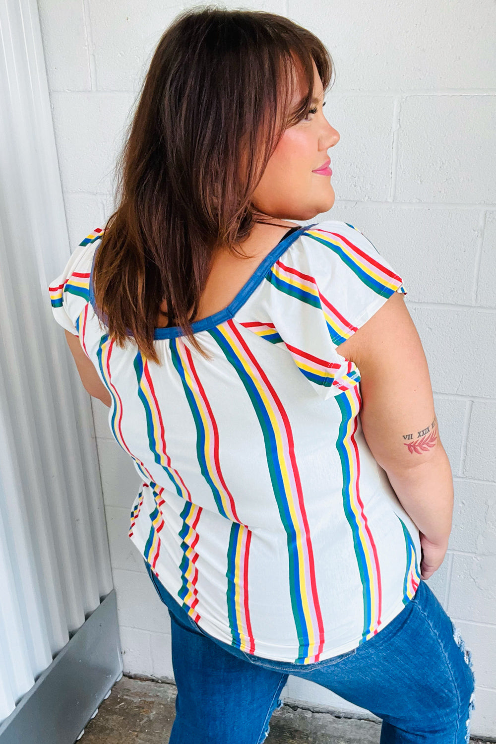 Multicolor Striped Raglan Flutter Sleeve Tops | Nikki &amp; Co. Boutique