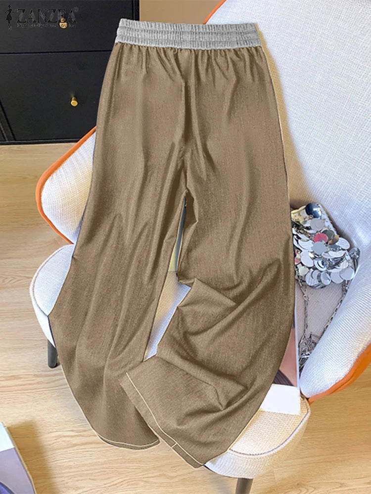 ZANZEA Women Denim Wide Leg Pants 2026 Casual Pockets Elastic Waist Long Pants Fashion Pleated Lace-up Trousers Loose Bottoms