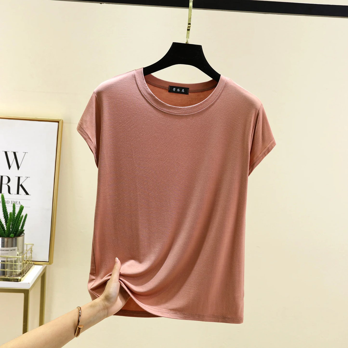 Plus size L to 6XL Modal O-Neck Tshirt Short Sleeves Solid color Slim Fit T-shirts summer women's tee tops all match