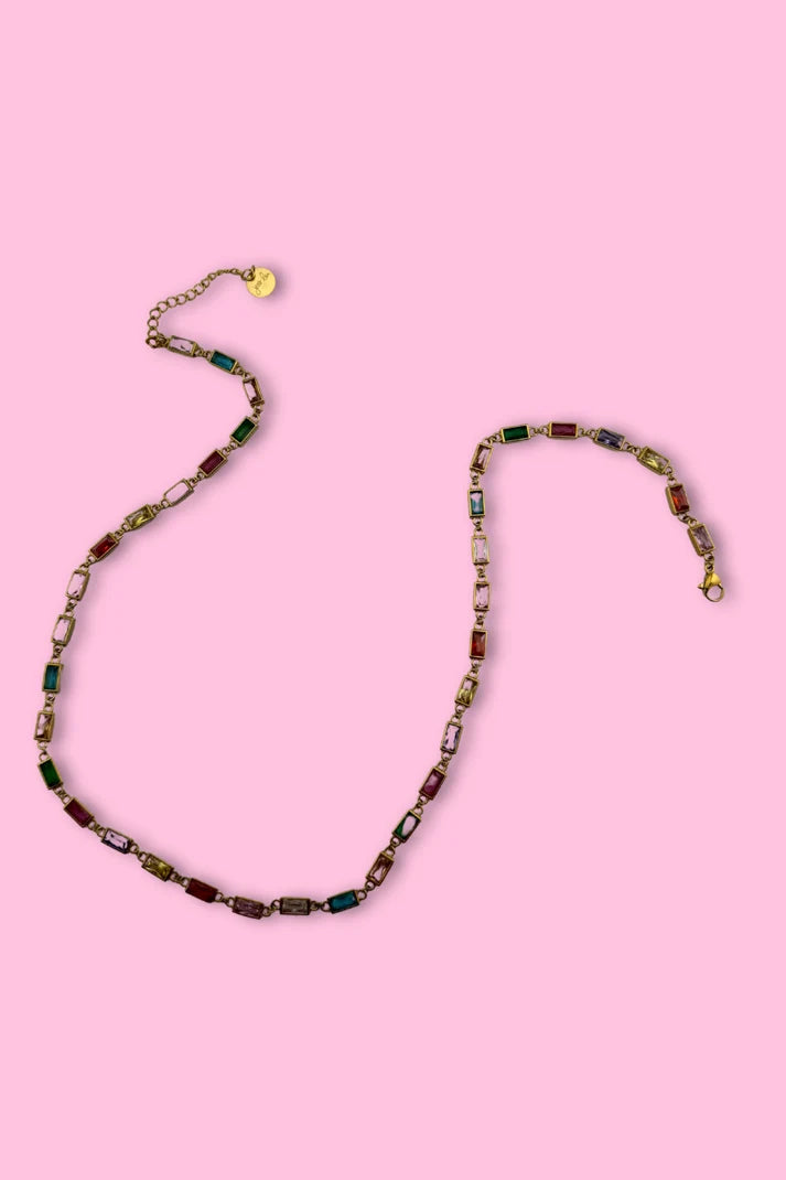 A colorful, gem necklace.