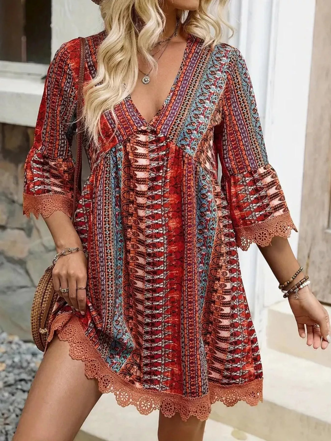 Printed V - Neck A - Line Dress - Nikki &amp; Co. Boutique