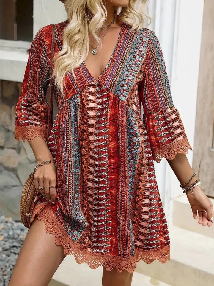 Printed V - Neck A - Line Dress - Nikki &amp; Co. Boutique