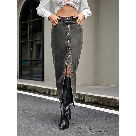 European and American Retro Trend Buckle Design Denim Skirt. New Fashion High-waisted Long Skirt for Women in Spring and Summe