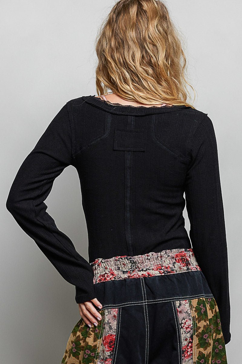 POL Lace-Trim V-Neck Long-Sleeve Ribbed Top | Black - Nikki &amp; Co. Boutique