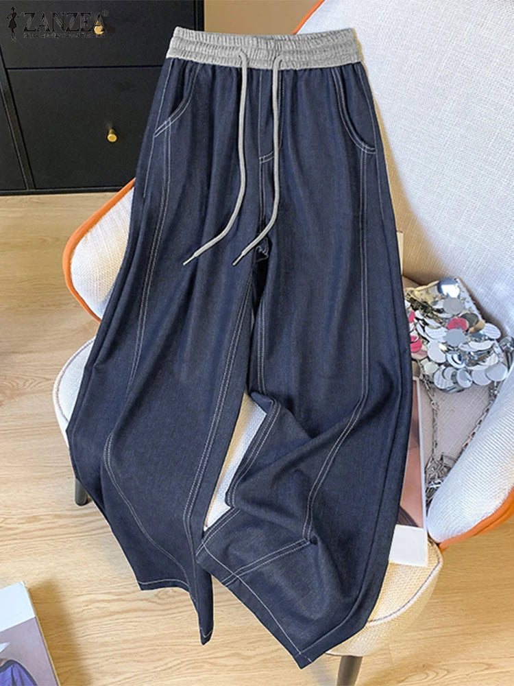 ZANZEA Women Denim Wide Leg Pants 2026 Casual Pockets Elastic Waist Long Pants Fashion Pleated Lace-up Trousers Loose Bottoms