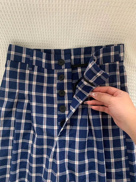 Retro Plaid Casual Pants For Women Chic High Waisted Loose Straight Leg Trousers New Versatile Breasted Floor Length Pants