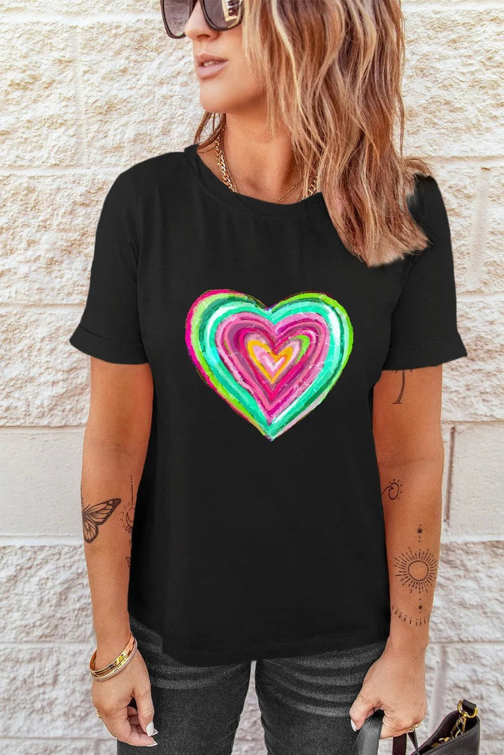 Heart Round Neck Shorts Sleeve T-Shirt - Nikki &amp; Co. Boutique