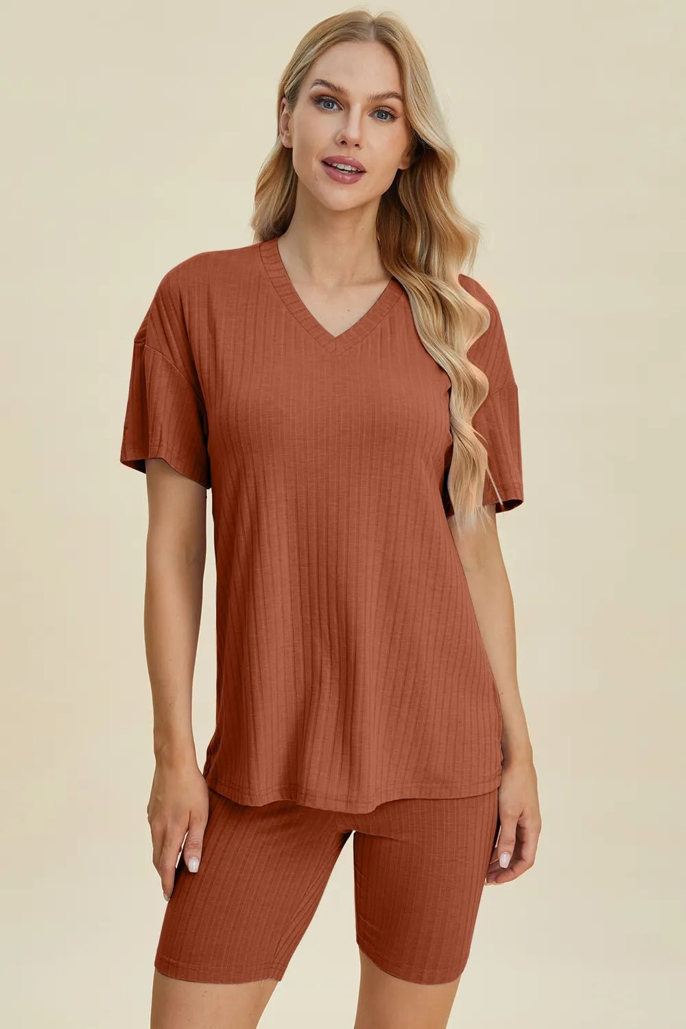Basic Bae Full Size Ribbed V-Neck Shorts Sleeve Tops and Shorts Sets | Nikki &amp; Co. Boutique