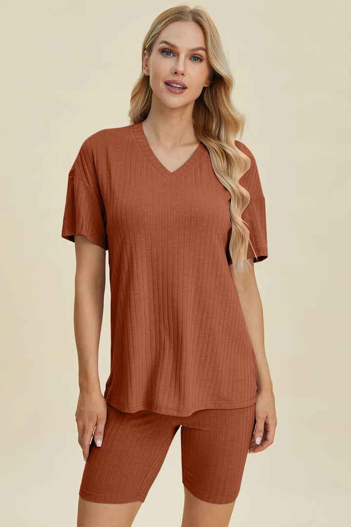 Basic Bae Full Size Ribbed V-Neck Shorts Sleeve Tops and Shorts Sets | Nikki &amp; Co. Boutique