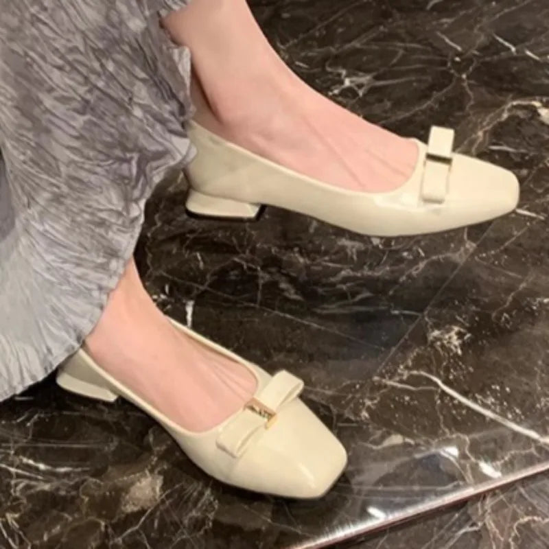 Women's Spring New Fashion Square Toe Designer Patent Leather High Heels Elegant Dress Party Bow Low Top Shoes  35--40  Size