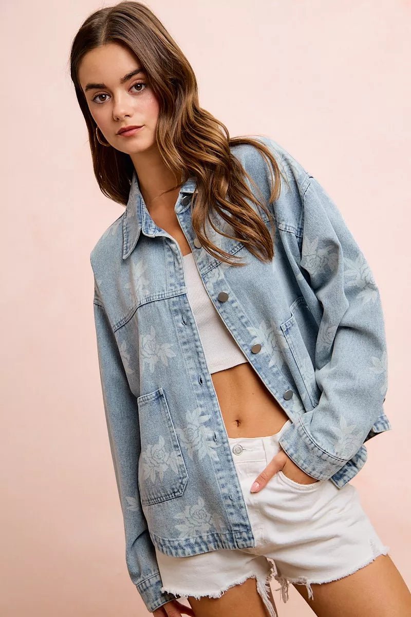 BiBi Printed Washed Denim Jacket With Pocket - Nikki &amp; Co. Boutique