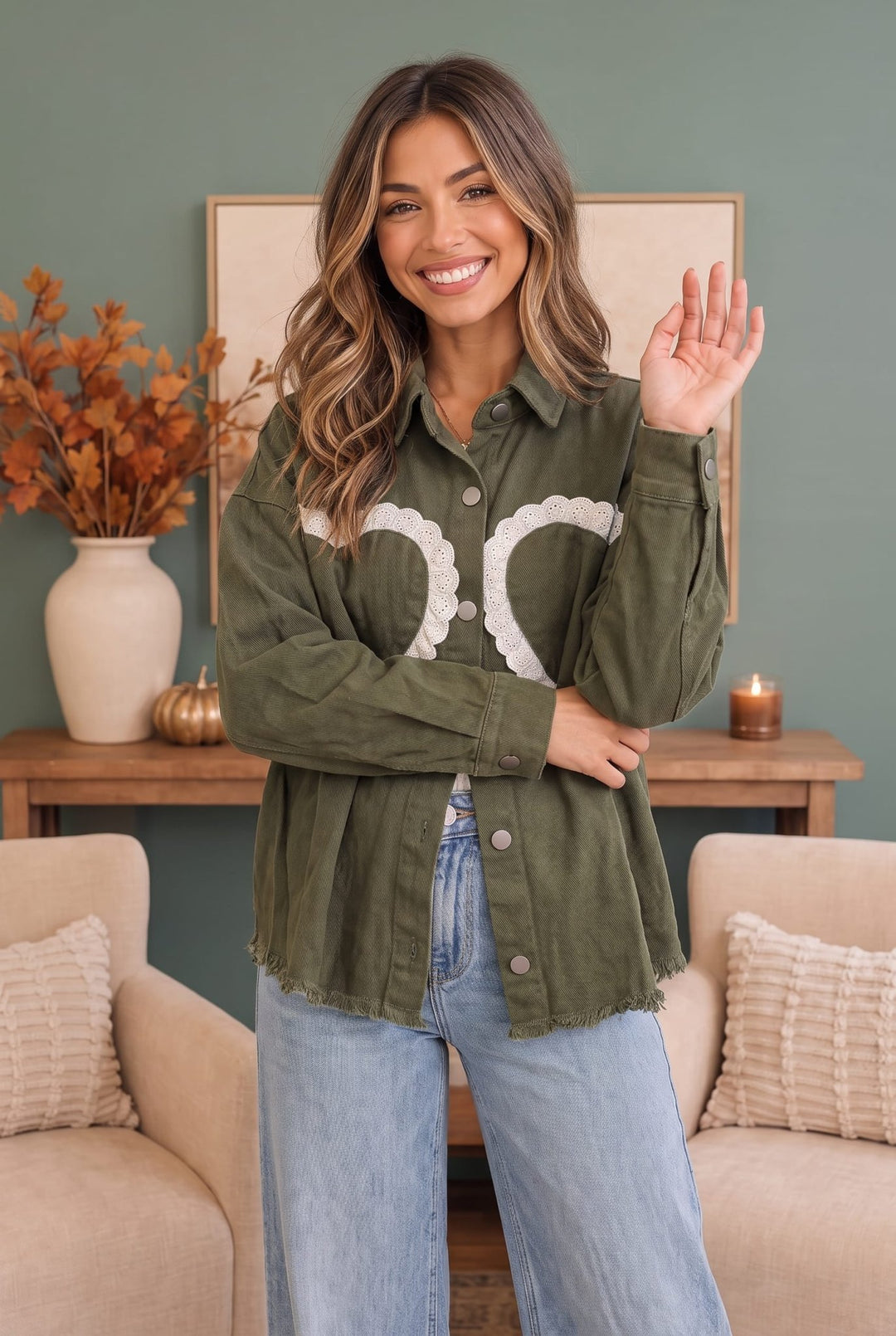 I Heart You Lace Applique Corduroy Shacket - Nikki &amp; Co. Boutique