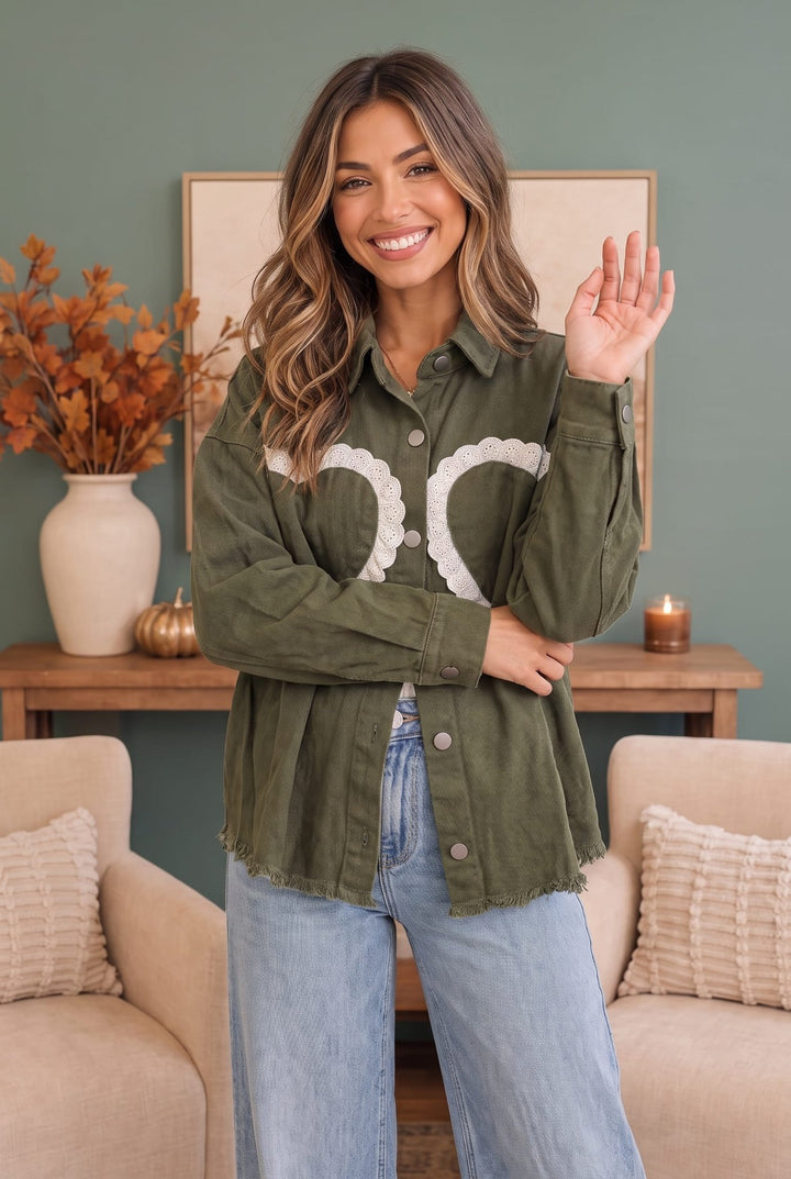 I Heart You Lace Applique Corduroy Shacket - Nikki &amp; Co. Boutique