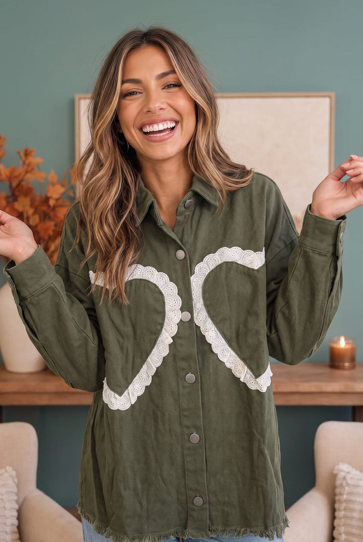 I Heart You Lace Applique Corduroy Shacket - Nikki &amp; Co. Boutique