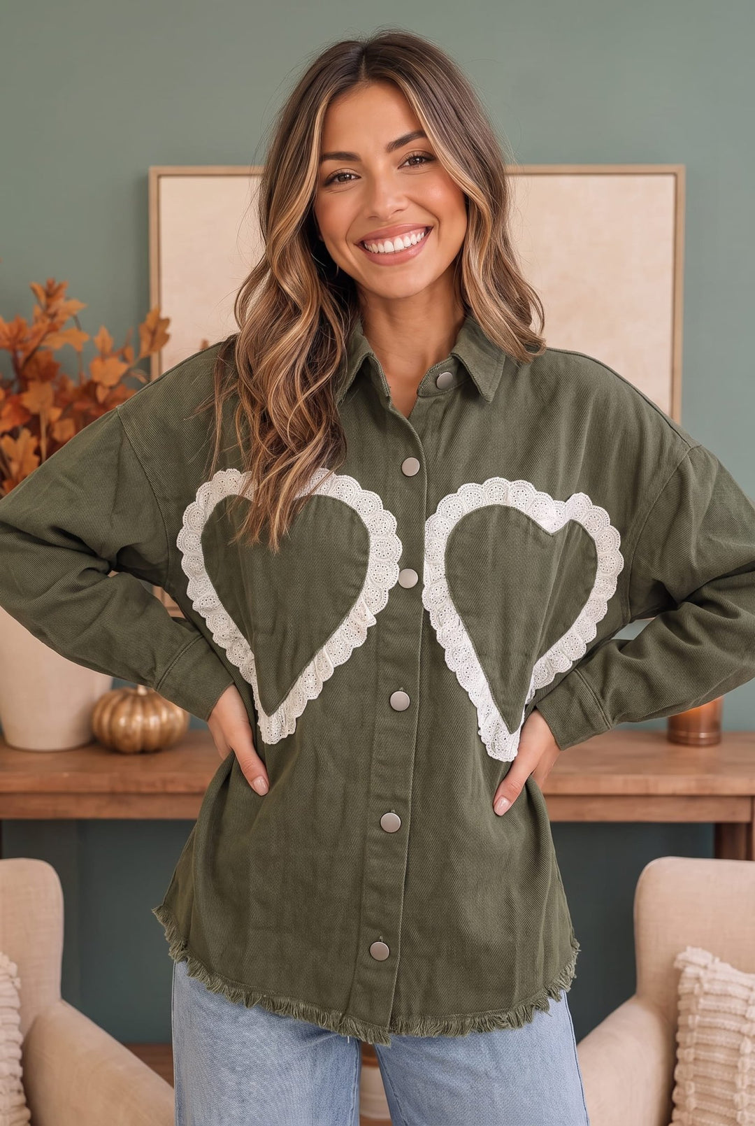 I Heart You Lace Applique Corduroy Shacket - Nikki &amp; Co. Boutique