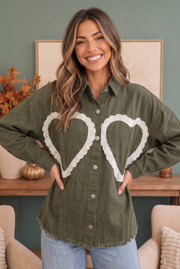I Heart You Lace Applique Corduroy Shacket - Nikki &amp; Co. Boutique
