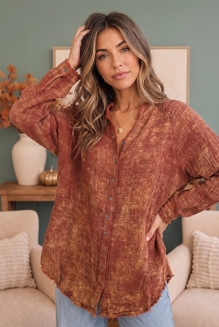Rust &amp; Gold Washed Button Down Gauze Shirt